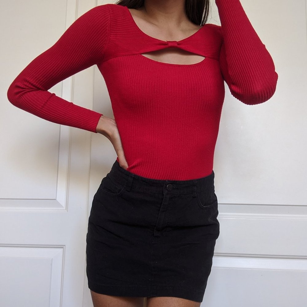 Bold Red Ribbed-Sweater with Cute Neckline